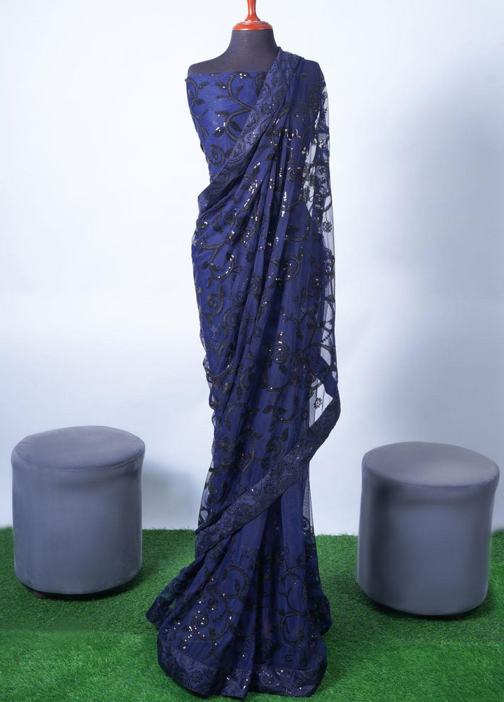 Vibgyor Fashion Embroidered Net  Unstitched Saree S6-23U Flora Blue - Festive Collection