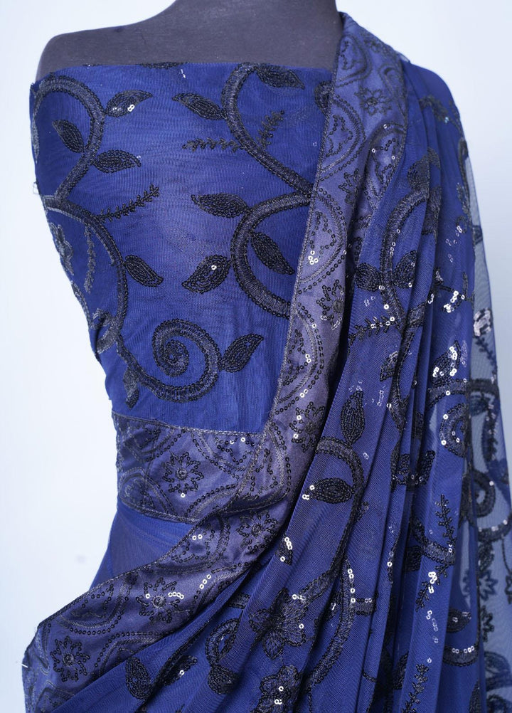 Vibgyor Fashion Embroidered Net  Unstitched Saree S6-23U Flora Blue - Festive Collection