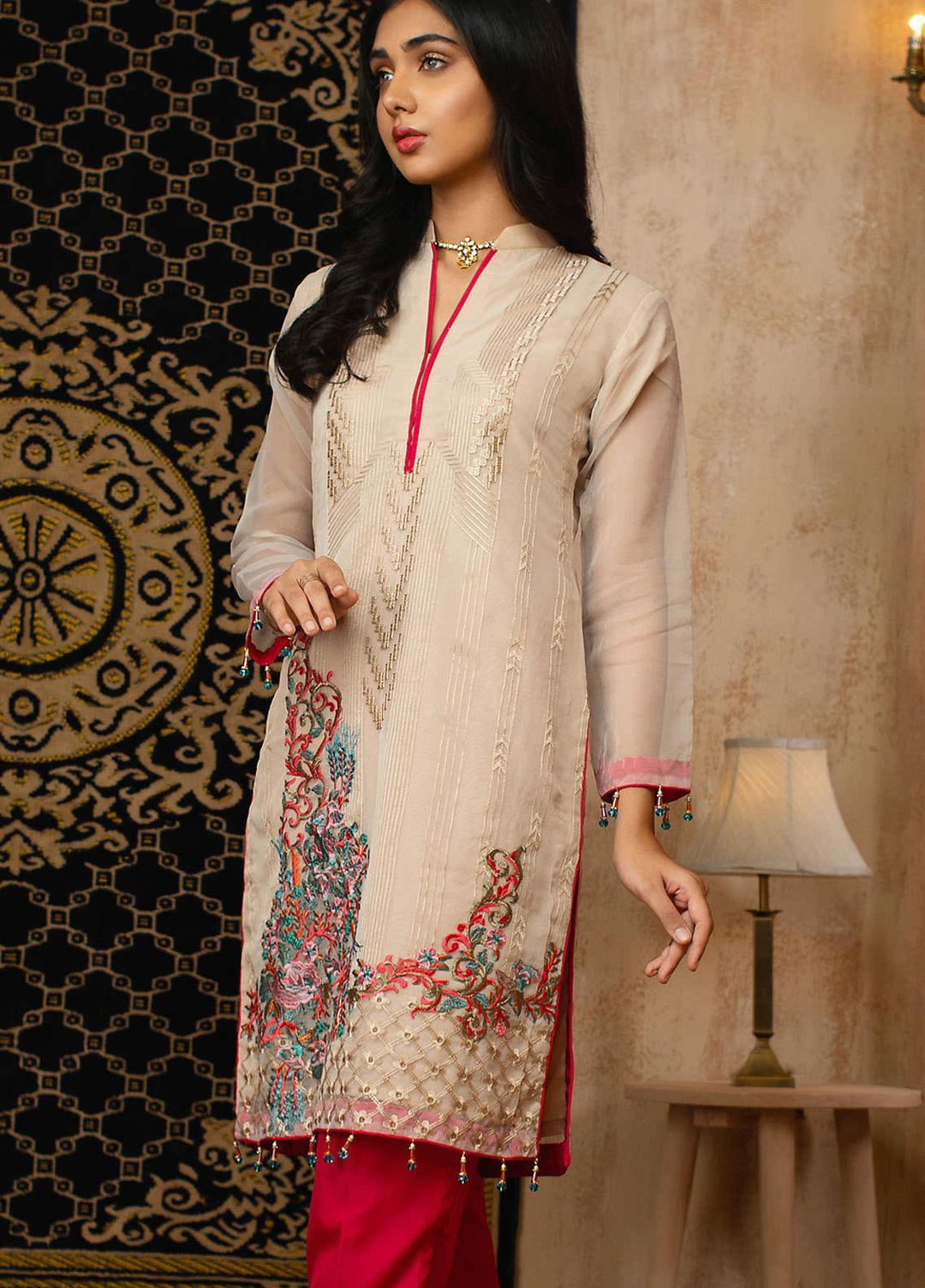 Vital Soiree By AB Textiles Embroidered Organza  Unstitched Kurties AB21VS VWE-05 BEIGE - Festive Collection