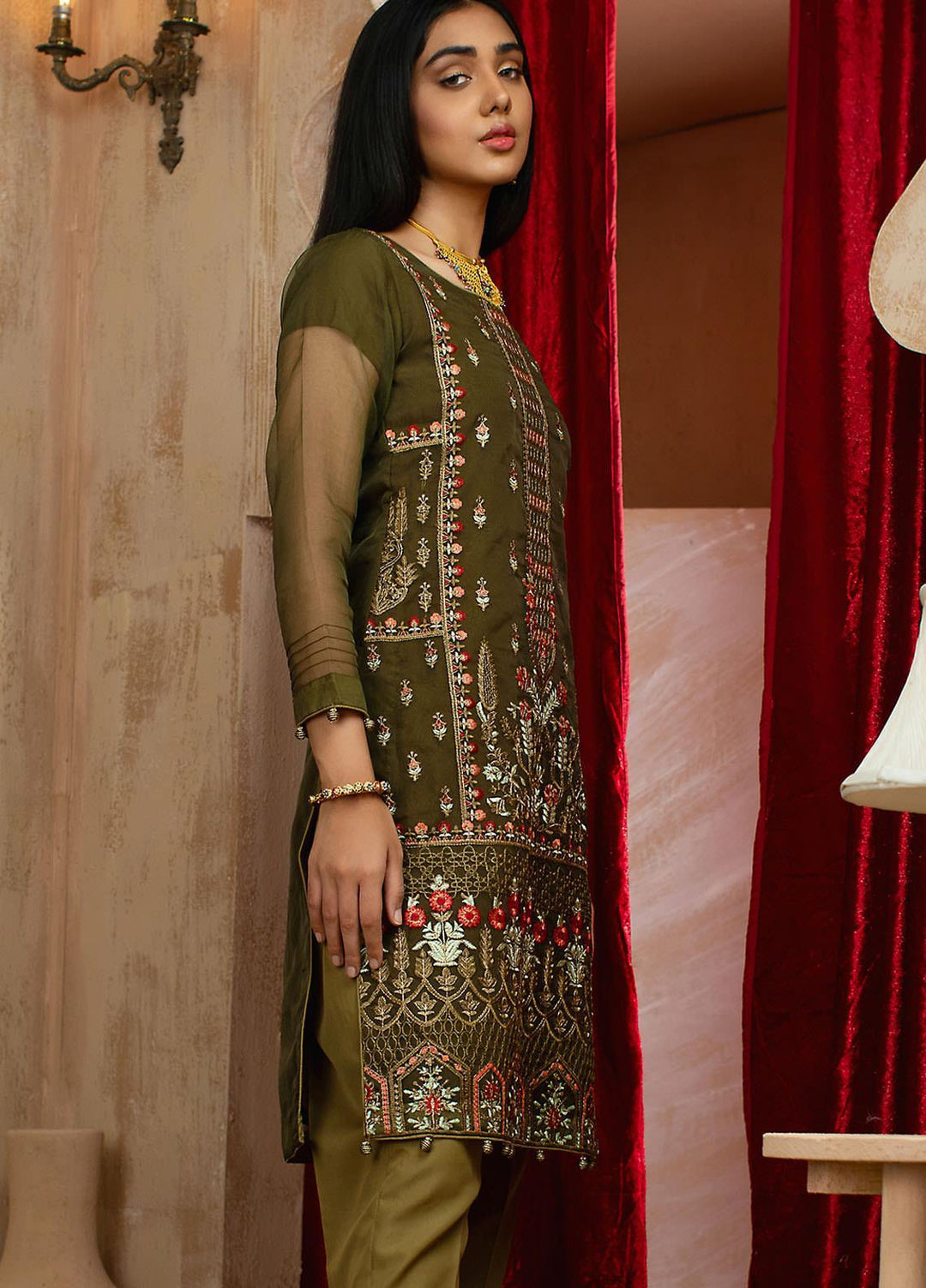 Vital Soiree By AB Textiles Embroidered Organza  Unstitched Kurties AB21VS VWE-07 VERT HENNE - Festive Collection