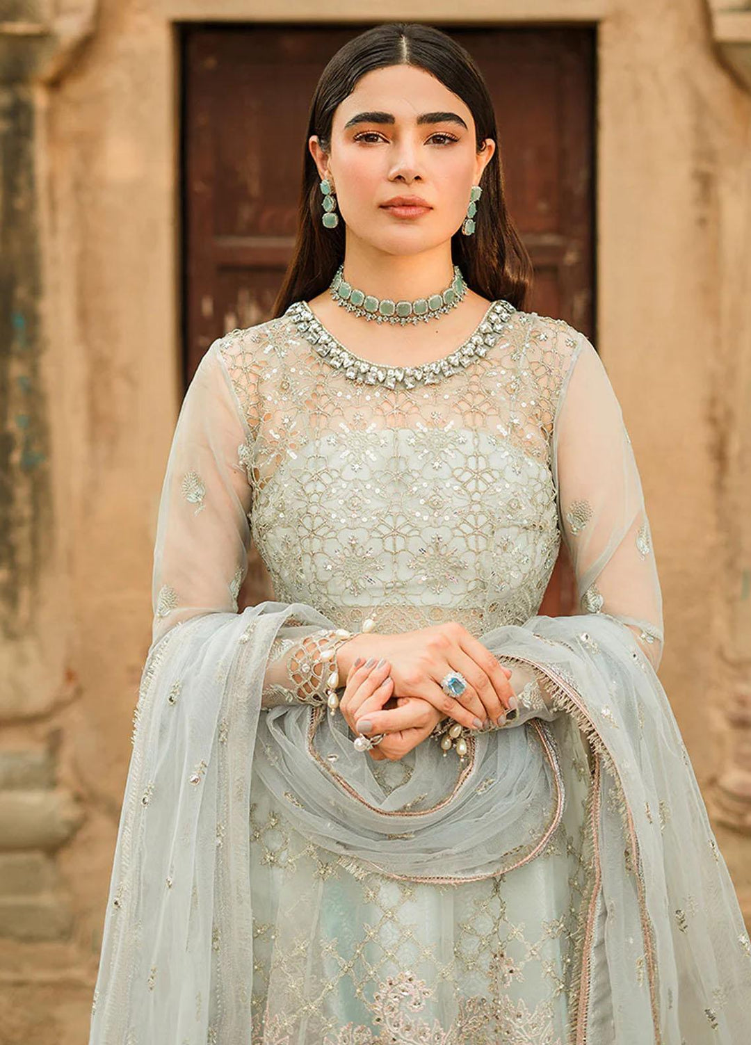 Trousseau By Vitalia Embroidered Organza Suits Unstitched 4 Piece VT22T Cashmere Blue - Wedding Collection