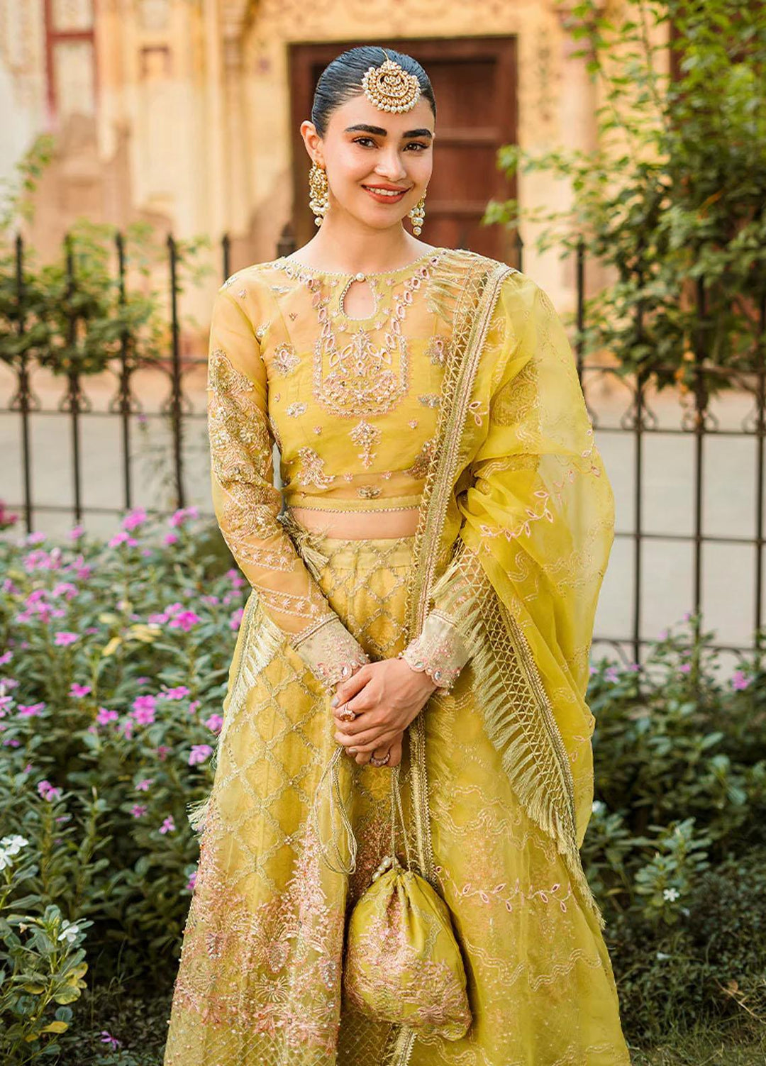 Trousseau By Vitalia Embroidered Organza Suits Unstitched 4 Piece VT22T Chartreuse - Wedding Collection