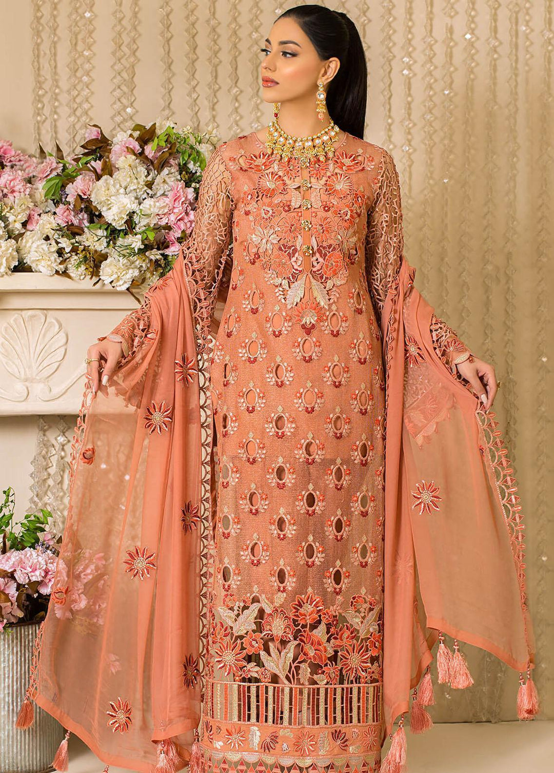 Vive La Fete By Imrozia Embroidered Zari Net Suits Unstitched 3 Piece IMP22VF L-257 Peach Melba - Premium Collection
