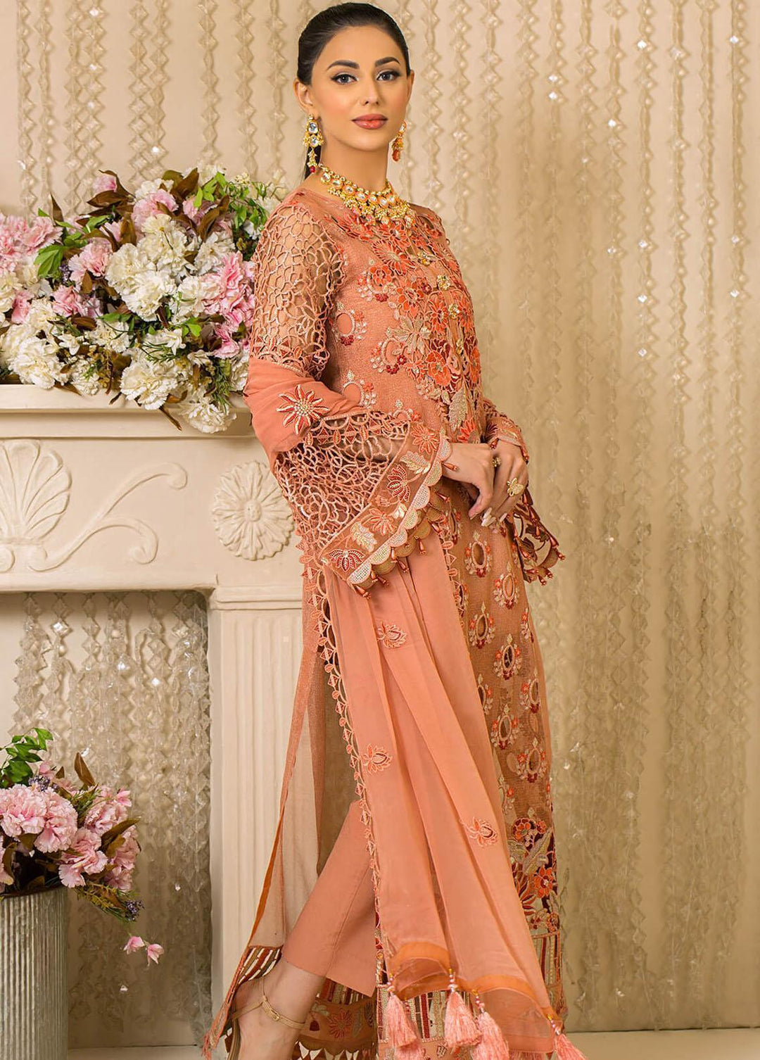 Vive La Fete By Imrozia Embroidered Zari Net Suits Unstitched 3 Piece IMP22VF L-257 Peach Melba - Premium Collection