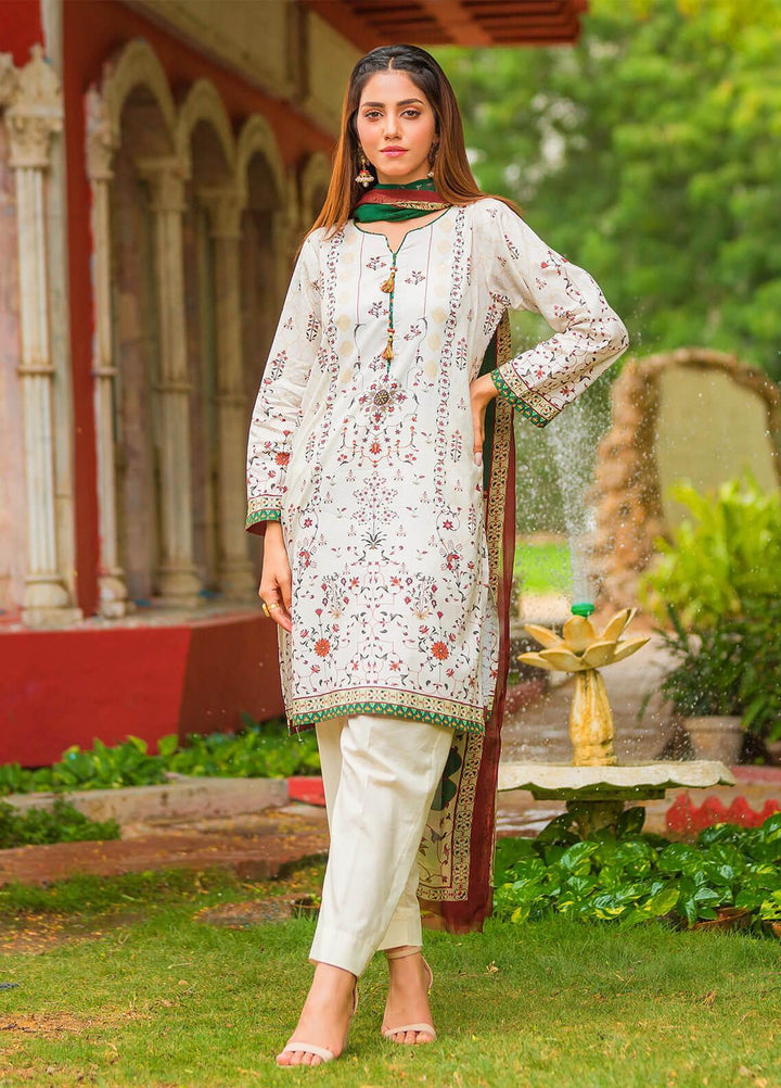 Waniya Pret Printed Lawn 3 Piece Suit PK-206A WHITE FERN