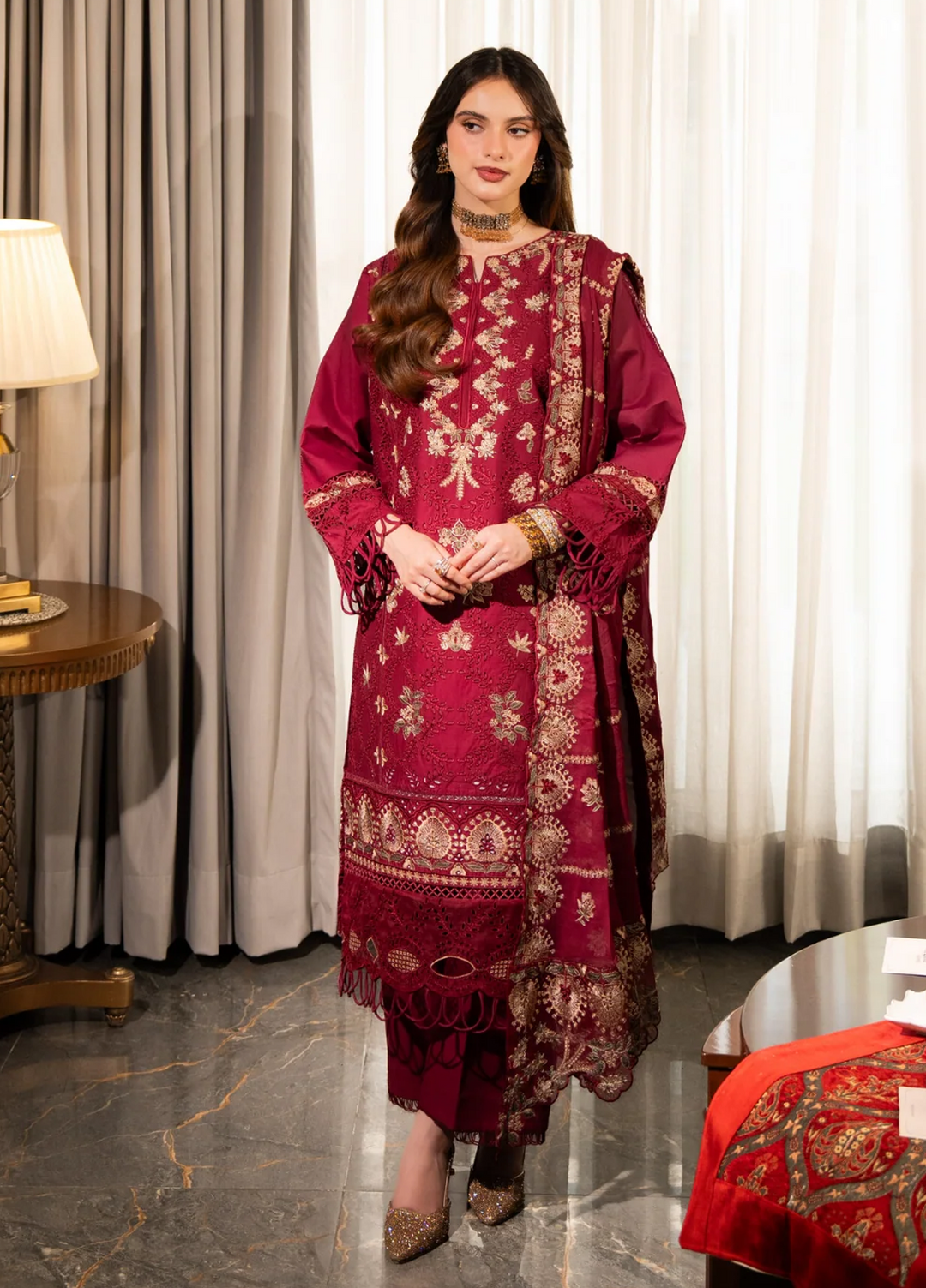 Aria By Meerak RTW Embroidered Lawn 3 Piece Suit Blush Festive Collection