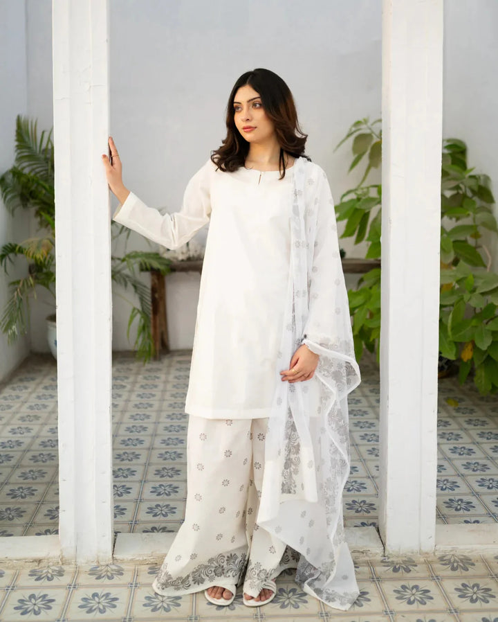 Zauk Women Printed Cotton 3 Piece Suit White Kurta Set - Eid Collection