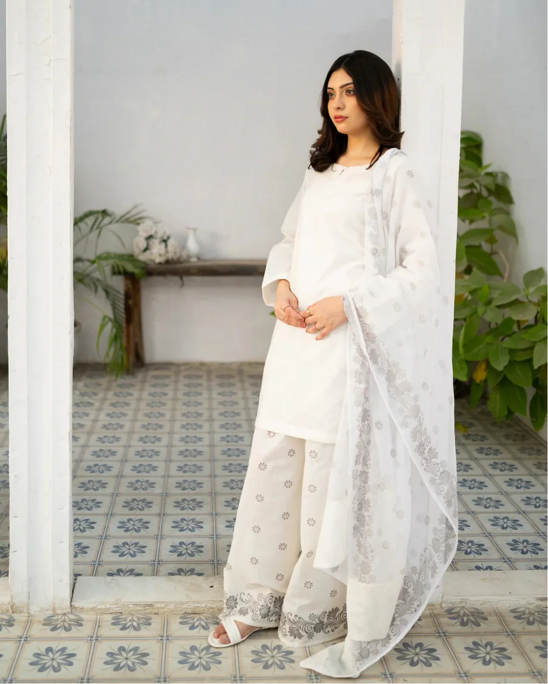 Zauk Women Printed Cotton 3 Piece Suit White Kurta Set - Eid Collection