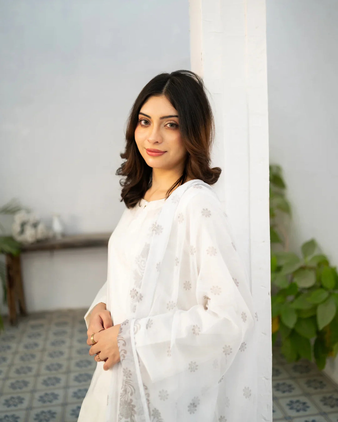 Zauk Women Printed Cotton 3 Piece Suit White Kurta Set - Eid Collection