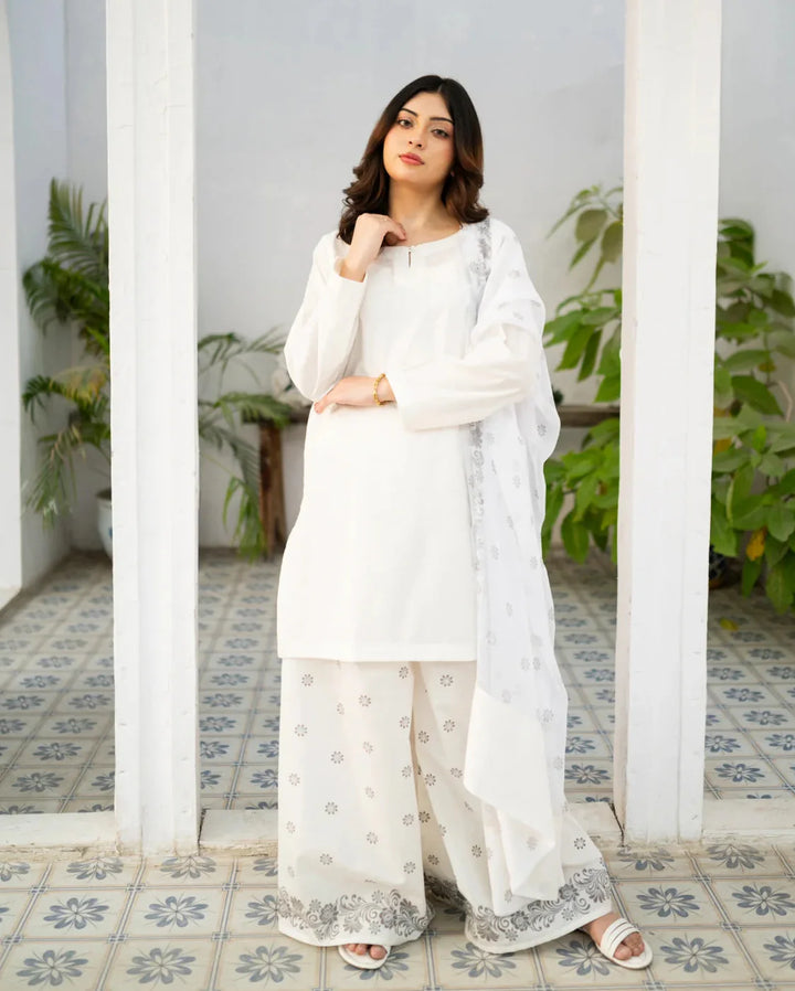 Zauk Women Printed Cotton 3 Piece Suit White Kurta Set - Eid Collection