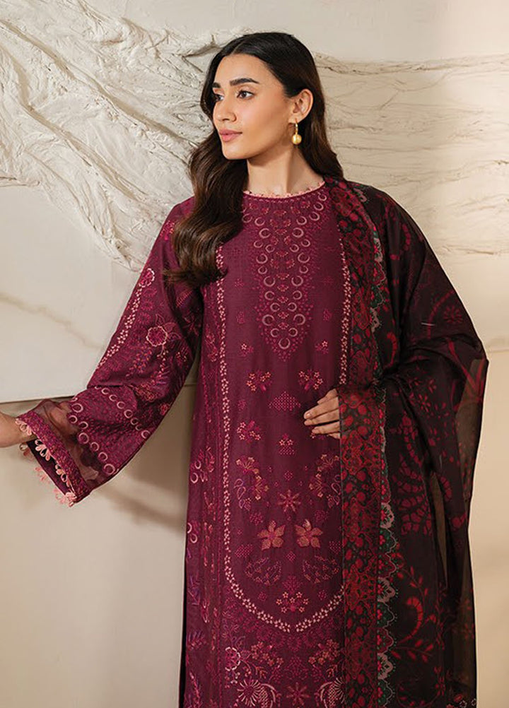Xenia Embroidered Lawn Suits Unstitched 3 Piece XE25UL D-07 Crimson - Summer Collection