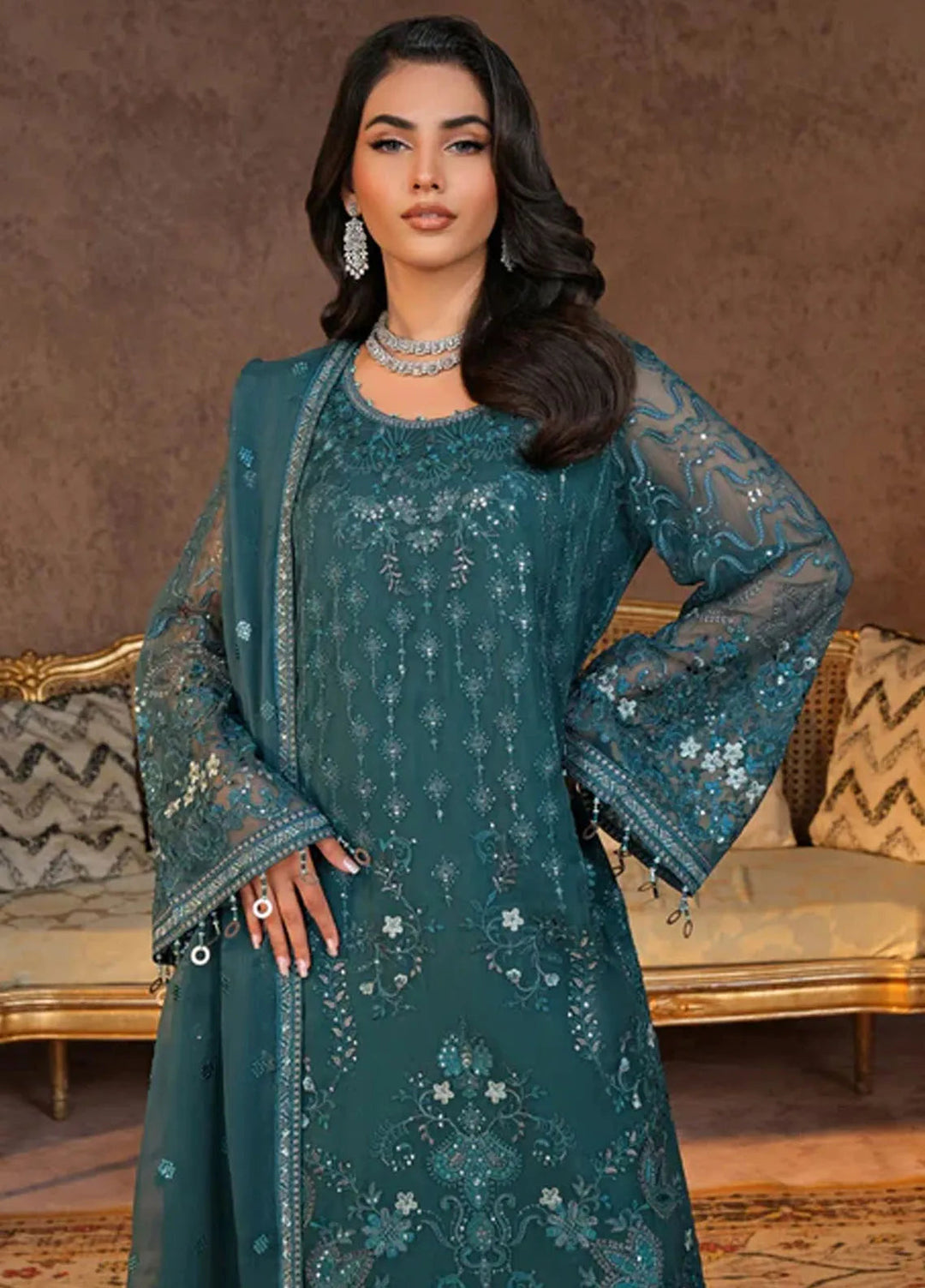 Zabaish by Lavish Embroidered Chiffon Suit Unstitched 3 Piece LVP24ZC D-04 Pine Green - Formal Collection