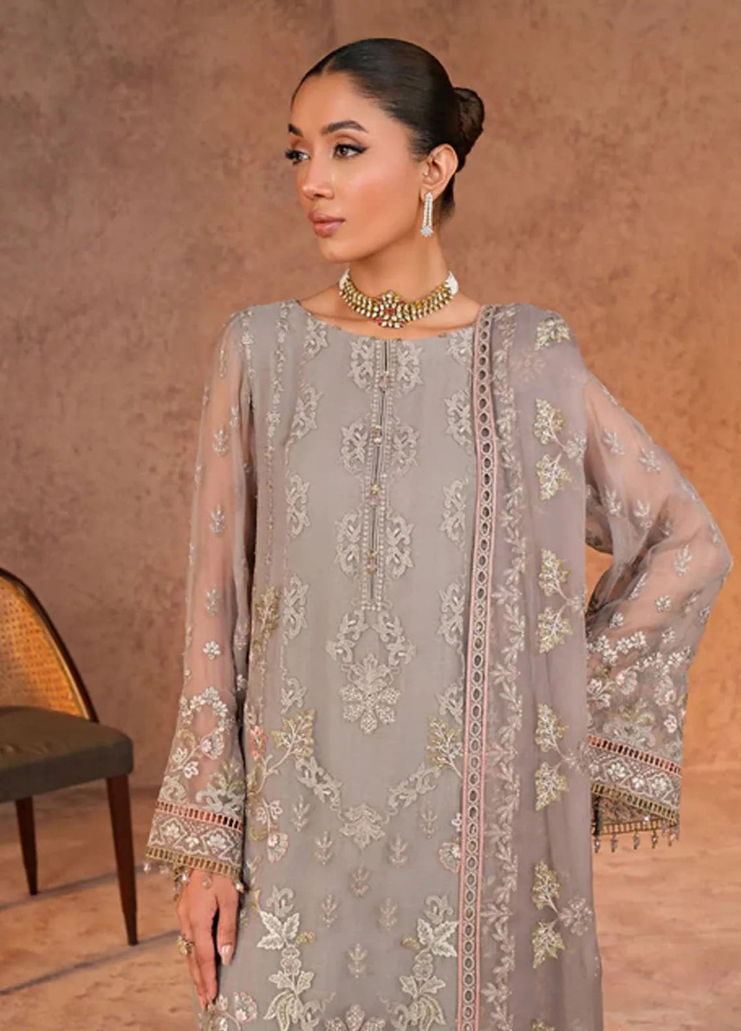 Zabaish by Lavish Embroidered Chiffon Suit Unstitched 3 Piece LVP24ZC D-07 Fossil - Formal Collection