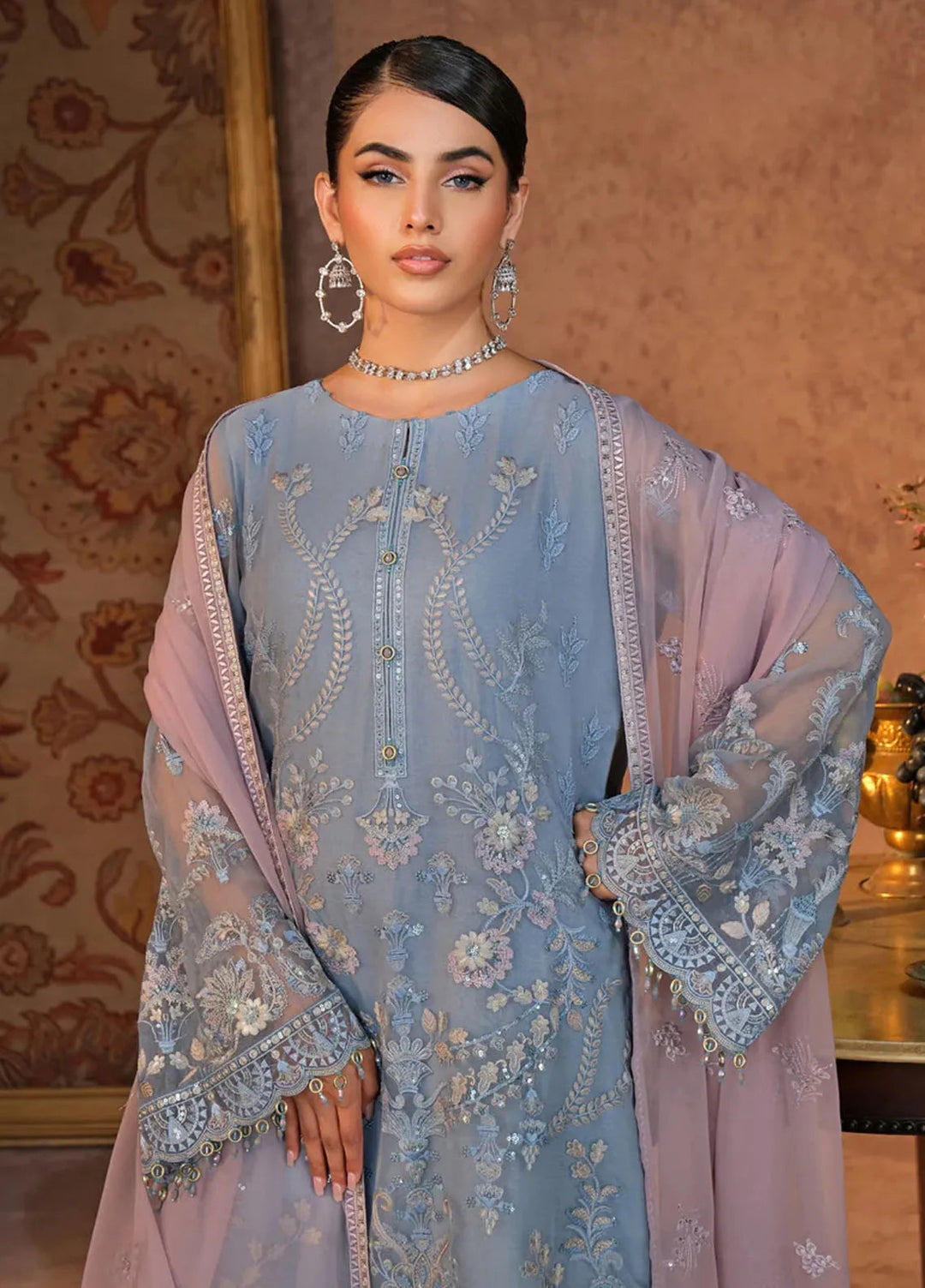 Zabaish by Lavish Embroidered Chiffon Suit Unstitched 3 Piece LVP24ZC D-09 Aegean - Formal Collection