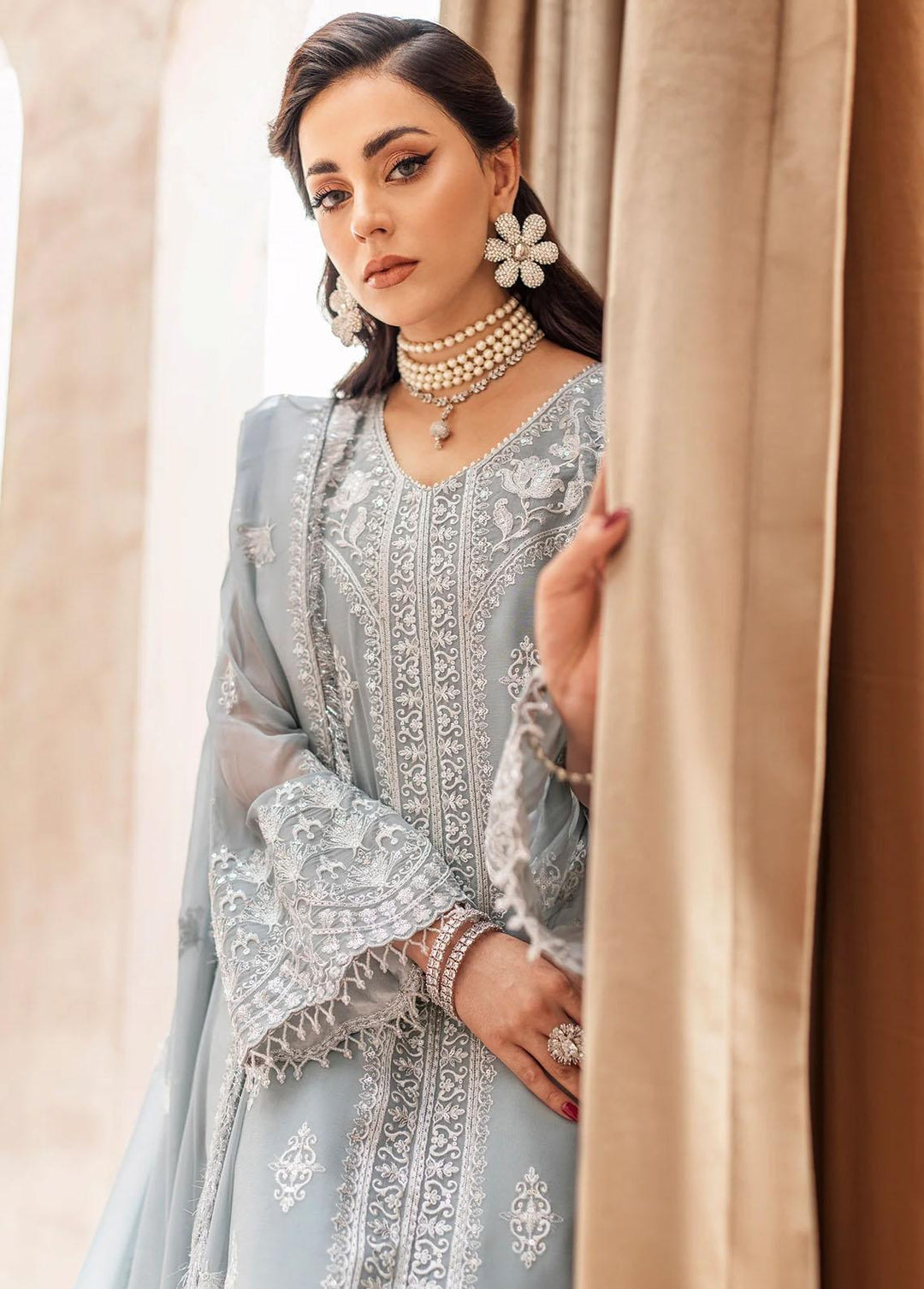 Zainab By Mashq Embroidered Chiffon Suits Unstitched 3 Piece MAQ23Z QFD-0061 Gesso - Luxury Collection
