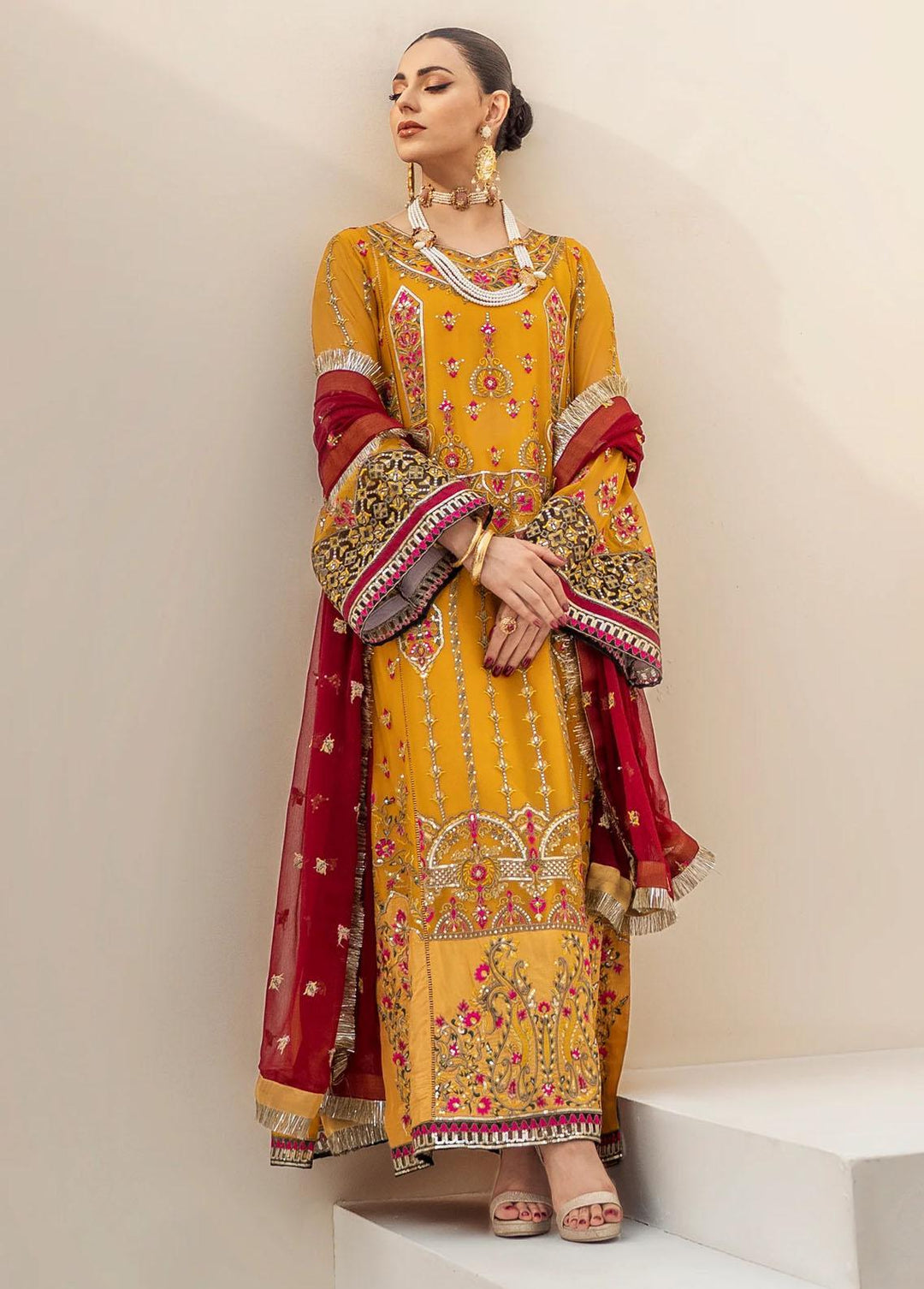 Zainab By Mashq Embroidered Chiffon Suits Unstitched 3 Piece MAQ23Z QFD-0062 Canary Yellow - Luxury Collection