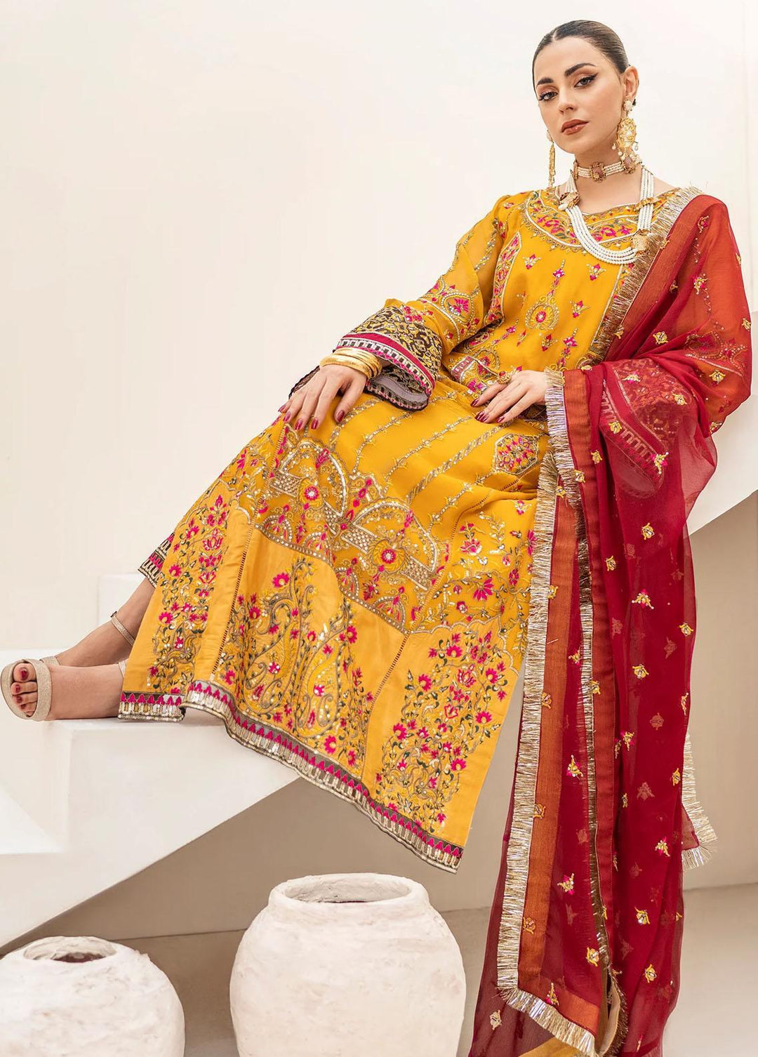 Zainab By Mashq Embroidered Chiffon Suits Unstitched 3 Piece MAQ23Z QFD-0062 Canary Yellow - Luxury Collection