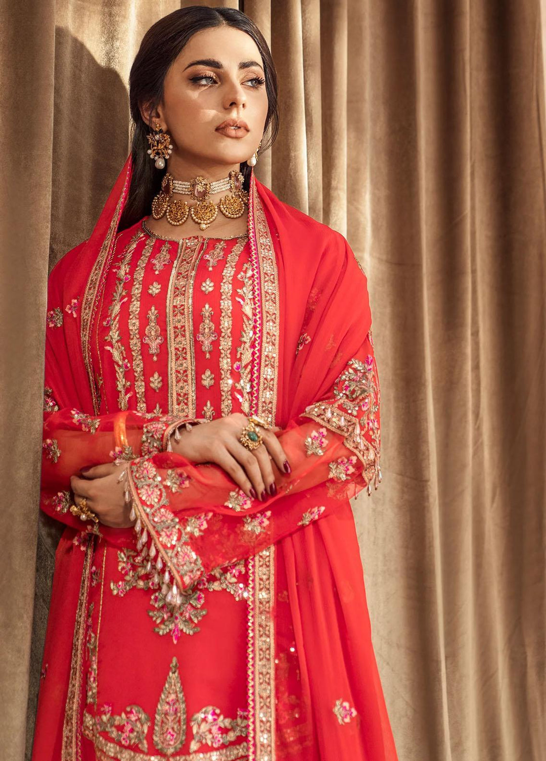 Zainab By Mashq Embroidered Chiffon Suits Unstitched 3 Piece MAQ23Z QFD-0064 Fire Spot - Luxury Collection
