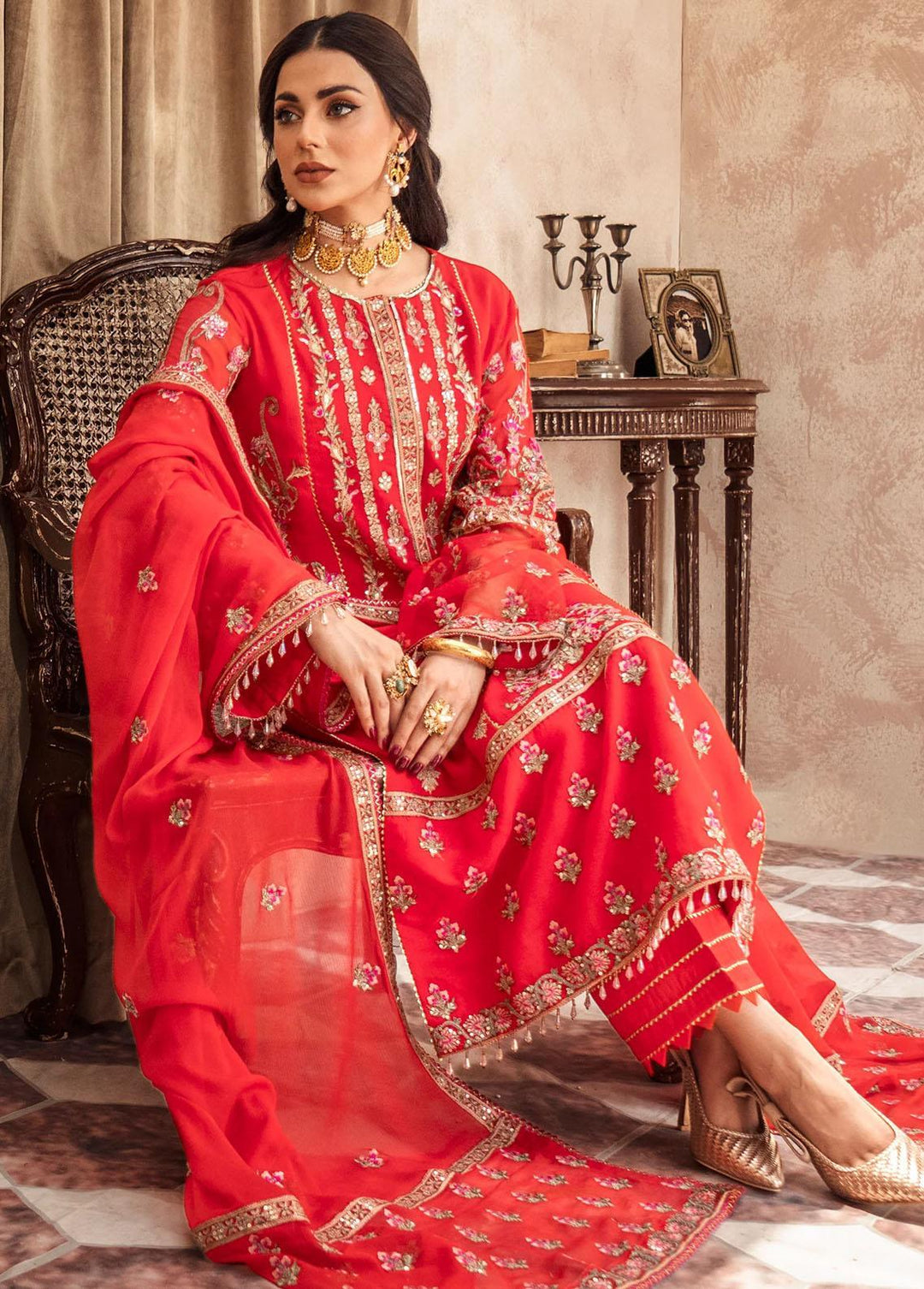 Zainab By Mashq Embroidered Chiffon Suits Unstitched 3 Piece MAQ23Z QFD-0064 Fire Spot - Luxury Collection