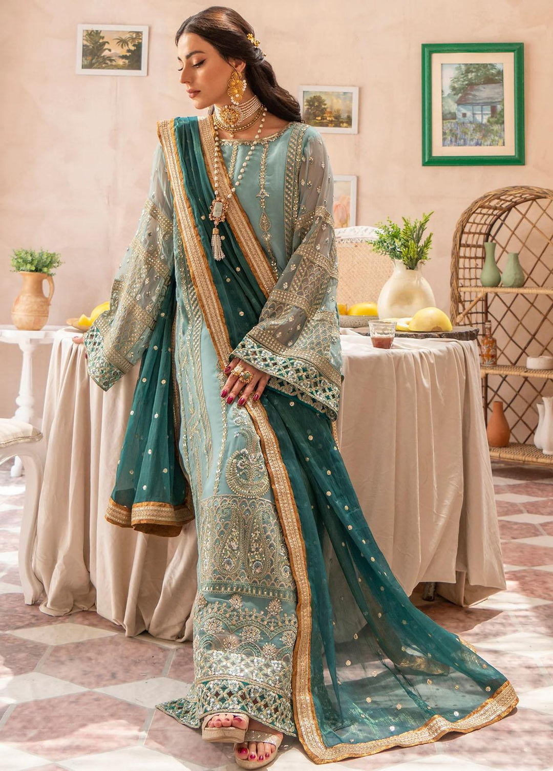 Zainab By Mashq Embroidered Chiffon Suits Unstitched 3 Piece MAQ23Z QFD-0068 Shimmer Moss - Luxury Collection