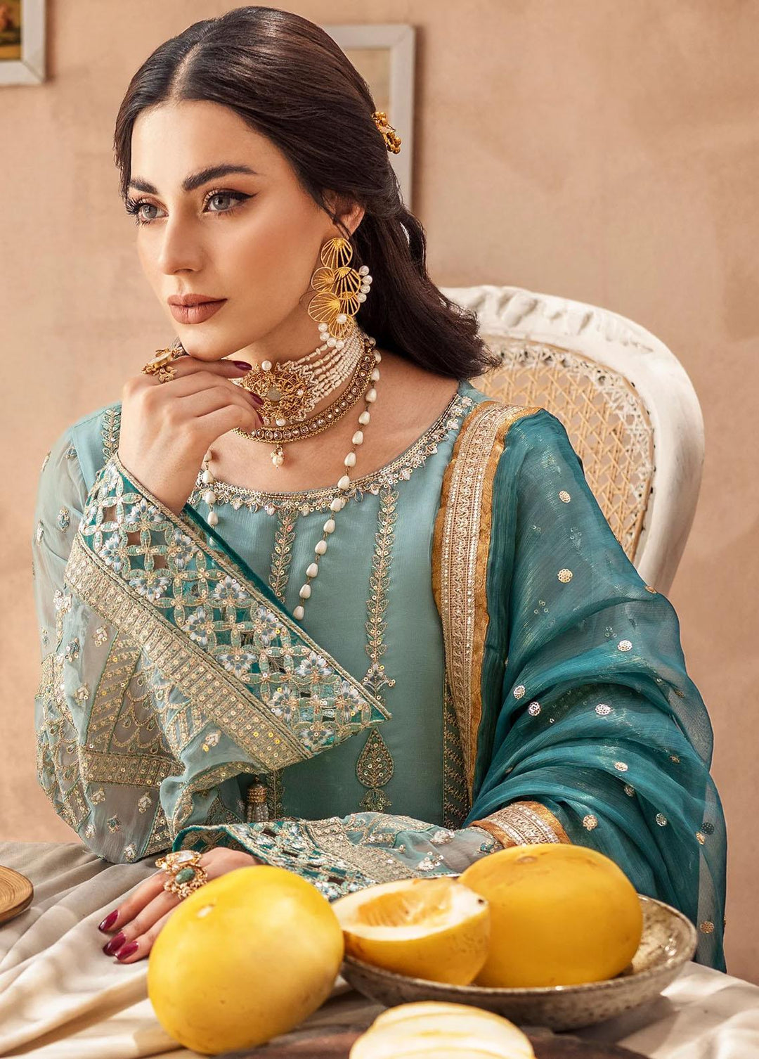 Zainab By Mashq Embroidered Chiffon Suits Unstitched 3 Piece MAQ23Z QFD-0068 Shimmer Moss - Luxury Collection