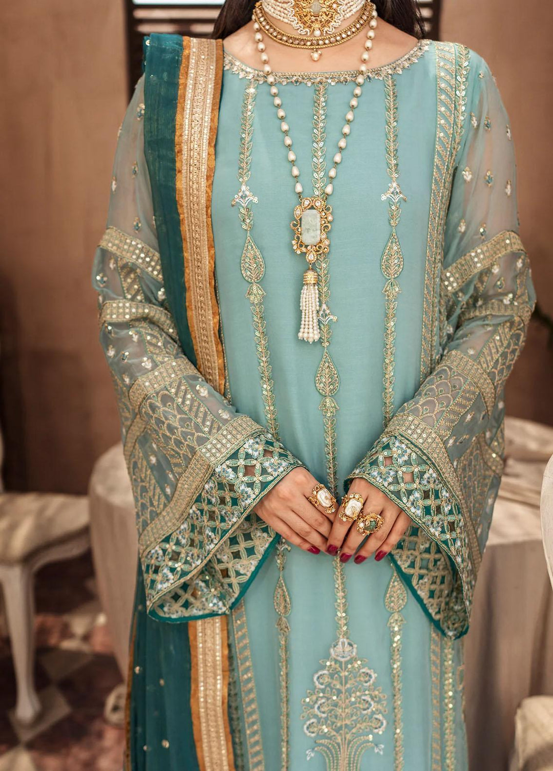 Zainab By Mashq Embroidered Chiffon Suits Unstitched 3 Piece MAQ23Z QFD-0068 Shimmer Moss - Luxury Collection