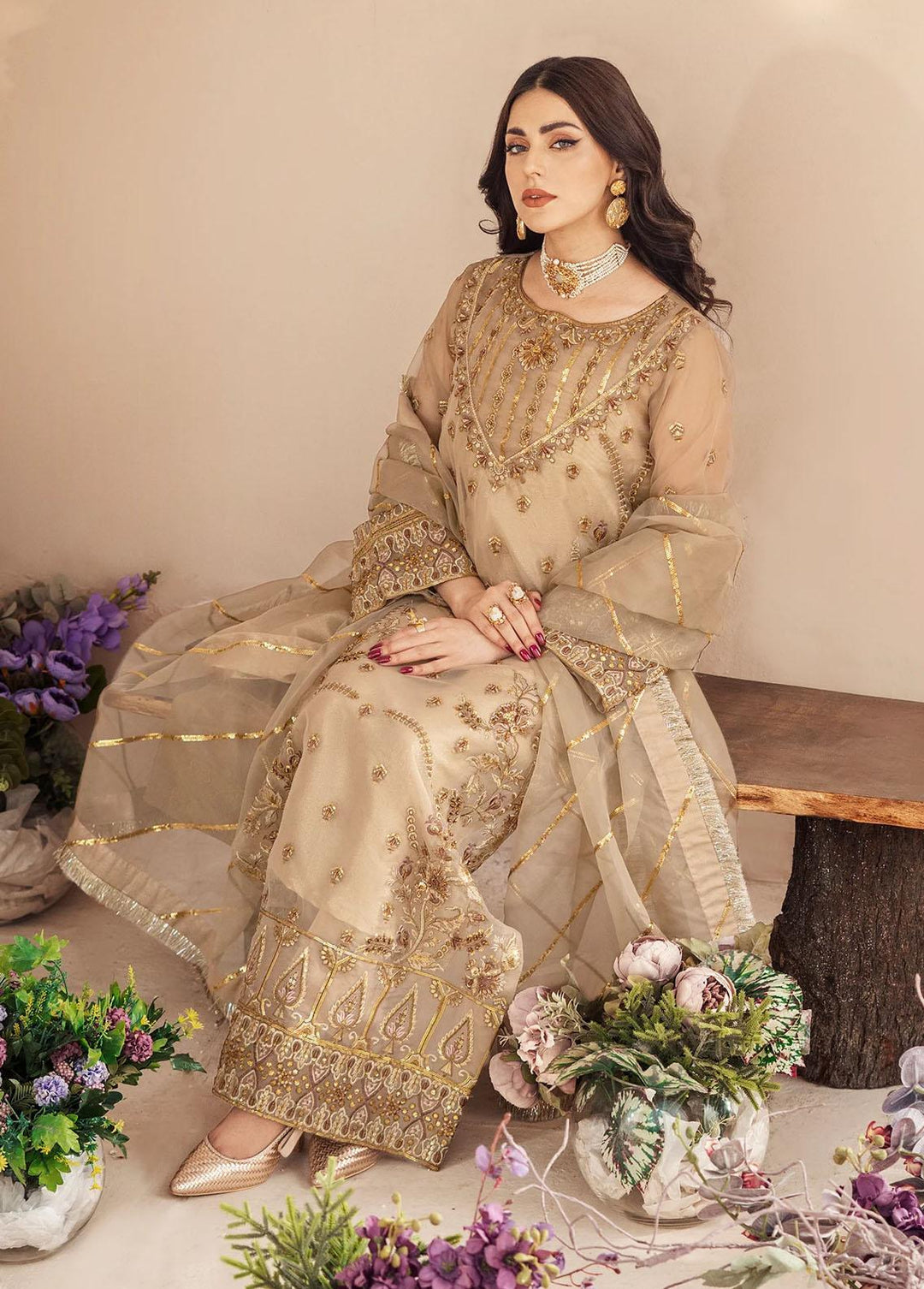 Zainab By Mashq Embroidered Organza Suits Unstitched 3 Piece MAQ23Z QFD-0069 Gorgeous Gold - Luxury Collection