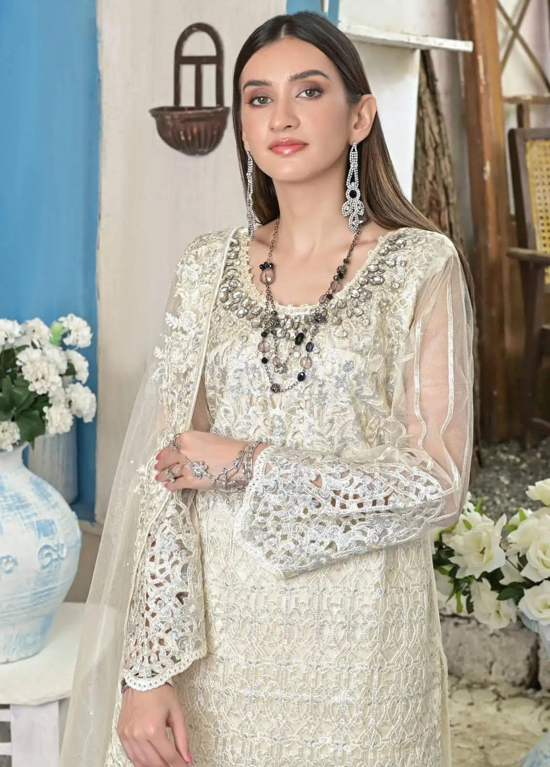 Luminous White By Zainab Fazlani Embroidered Chiffon Suits Unstitched 3 Piece ZFL22L Gul Afshan - Luxury Collection
