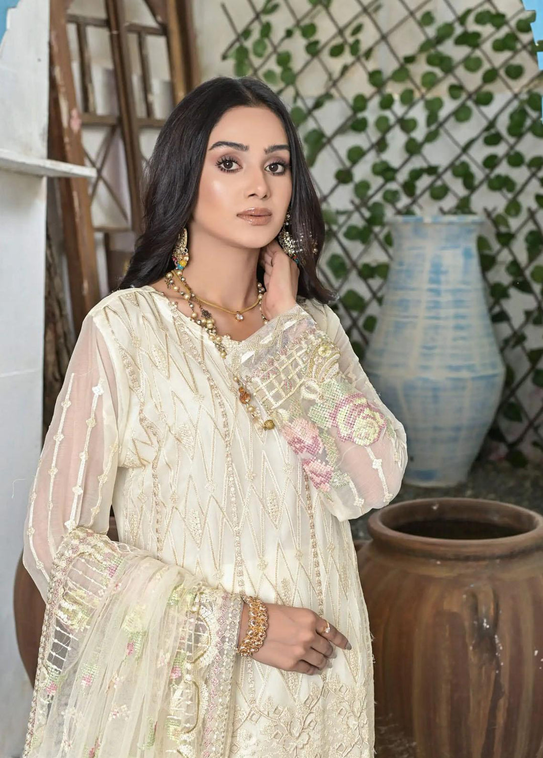Luminous White By Zainab Fazlani Embroidered Chiffon Suits Unstitched 3 Piece ZFL22L Zobra - Luxury Collection