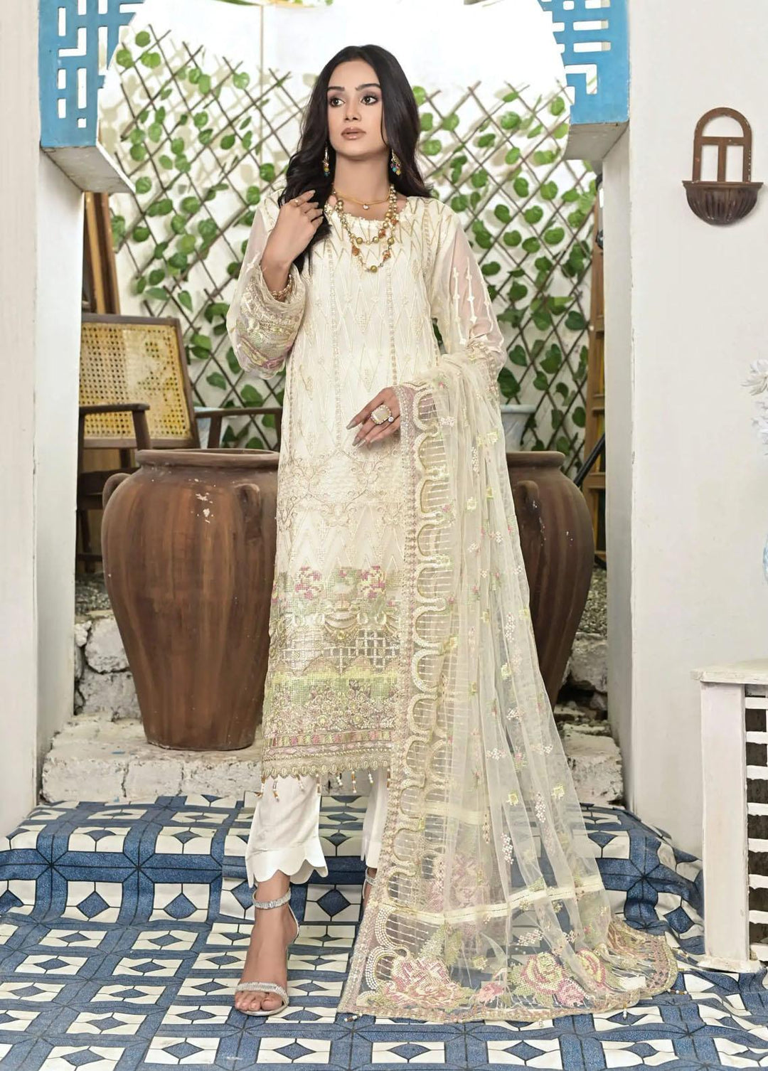 Luminous White By Zainab Fazlani Embroidered Chiffon Suits Unstitched 3 Piece ZFL22L Zobra - Luxury Collection