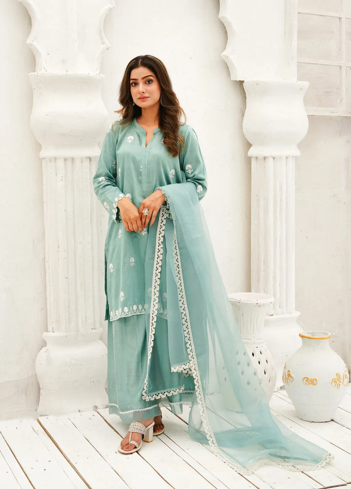 Zar Pret Embroidered Cotton Organza 3 Piece Suit Seafoam