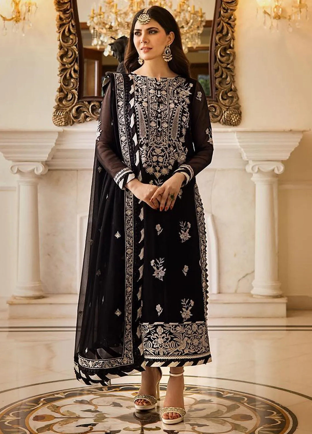 Zari Sitara By Asim Jofa Embroidered Chiffon Unstitched Suit 3 Piece AJ23ZS AJZS-02 - Luxury Eid Collection