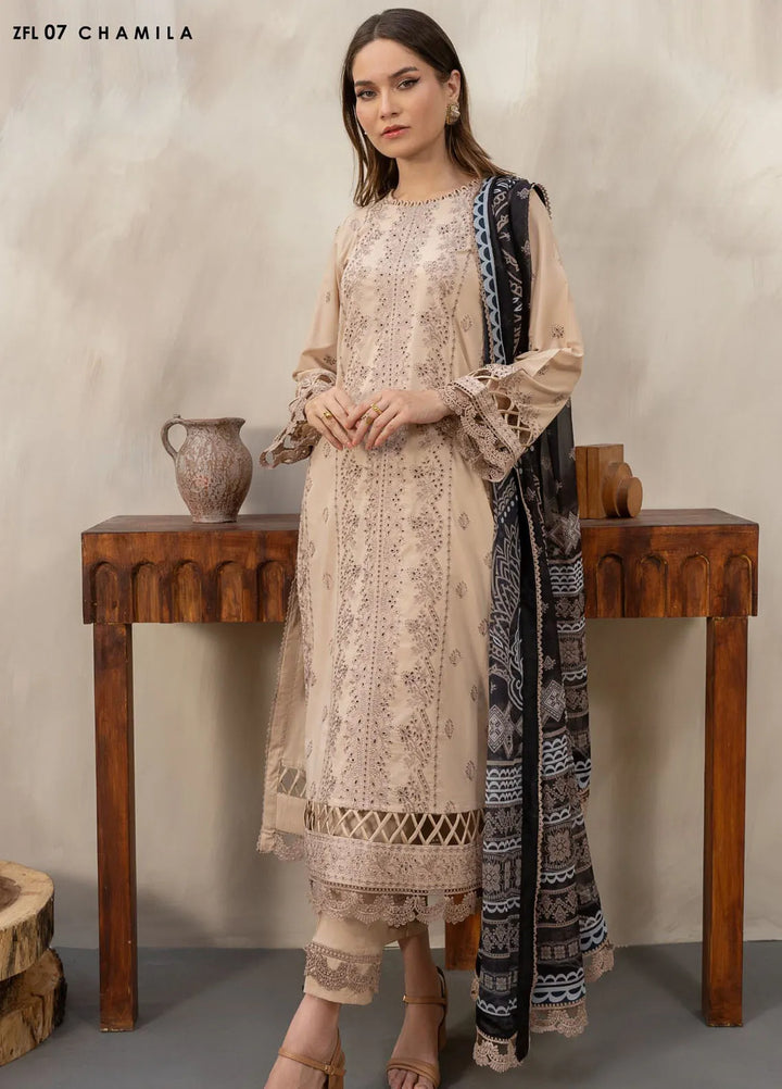 Zarif Chikankari Lawn Suit Unstitched 3 Piece ZF24F ZFL-07 Chamila - Summer Collection
