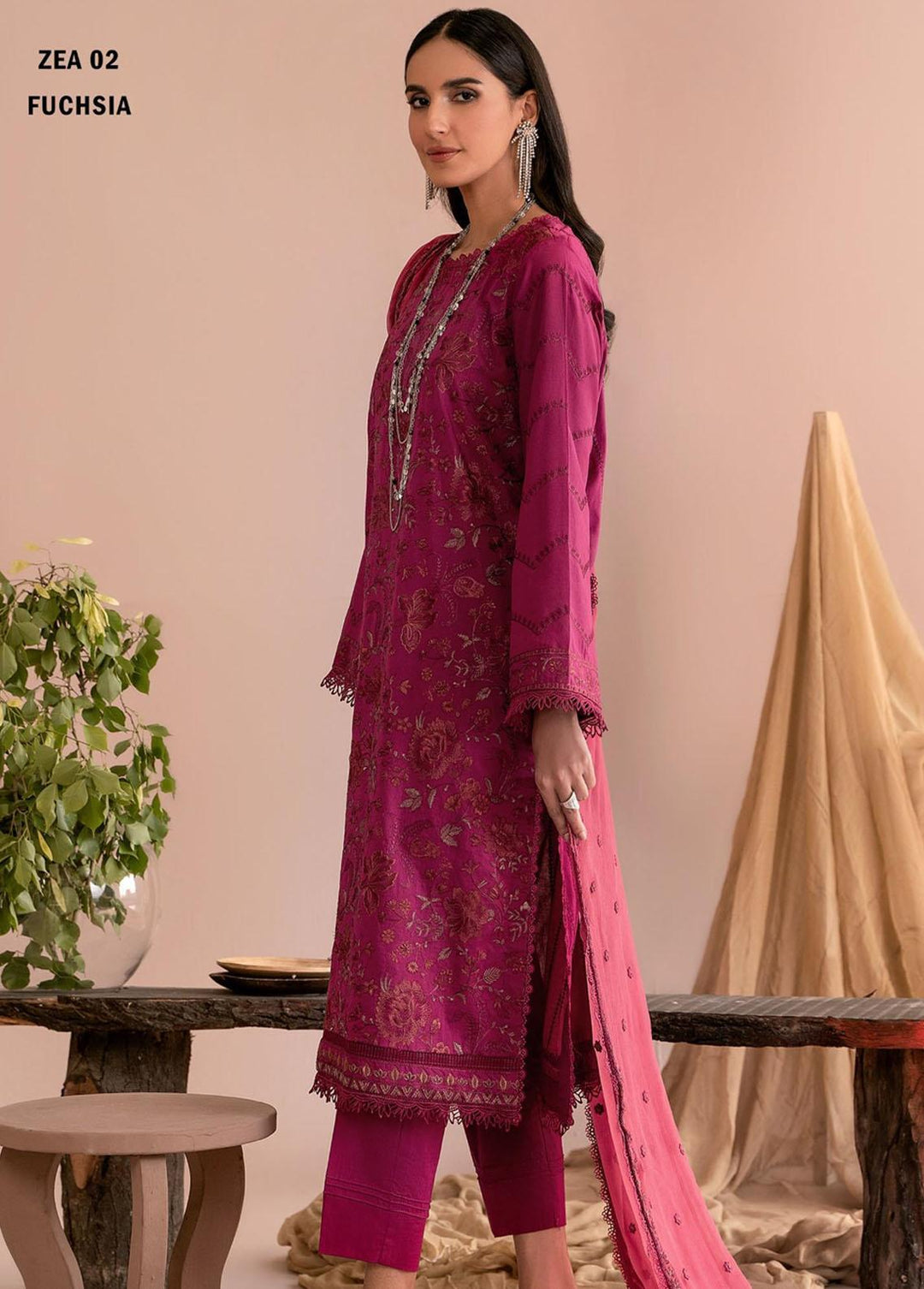 Zarif Embroidered Lawn Suits Unstitched 3 Piece ZF23EA ZEA-02 Fushsia - Eid Collection