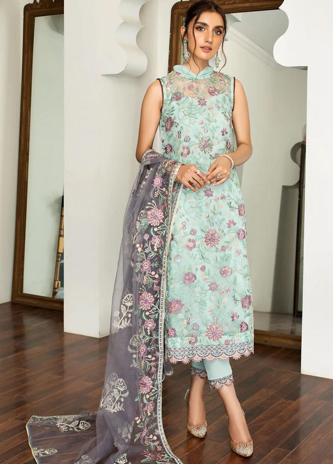 Zarif Embroidered Net Suits Unstitched 3 Piece ZM 07 ZAUQ - Luxury Collection
