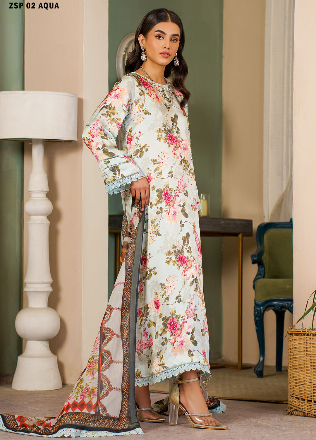 Zarif Printed Silk Suits Unstitched 3 Piece ZF24SP ZSP 02 Aqua - Summer Collection