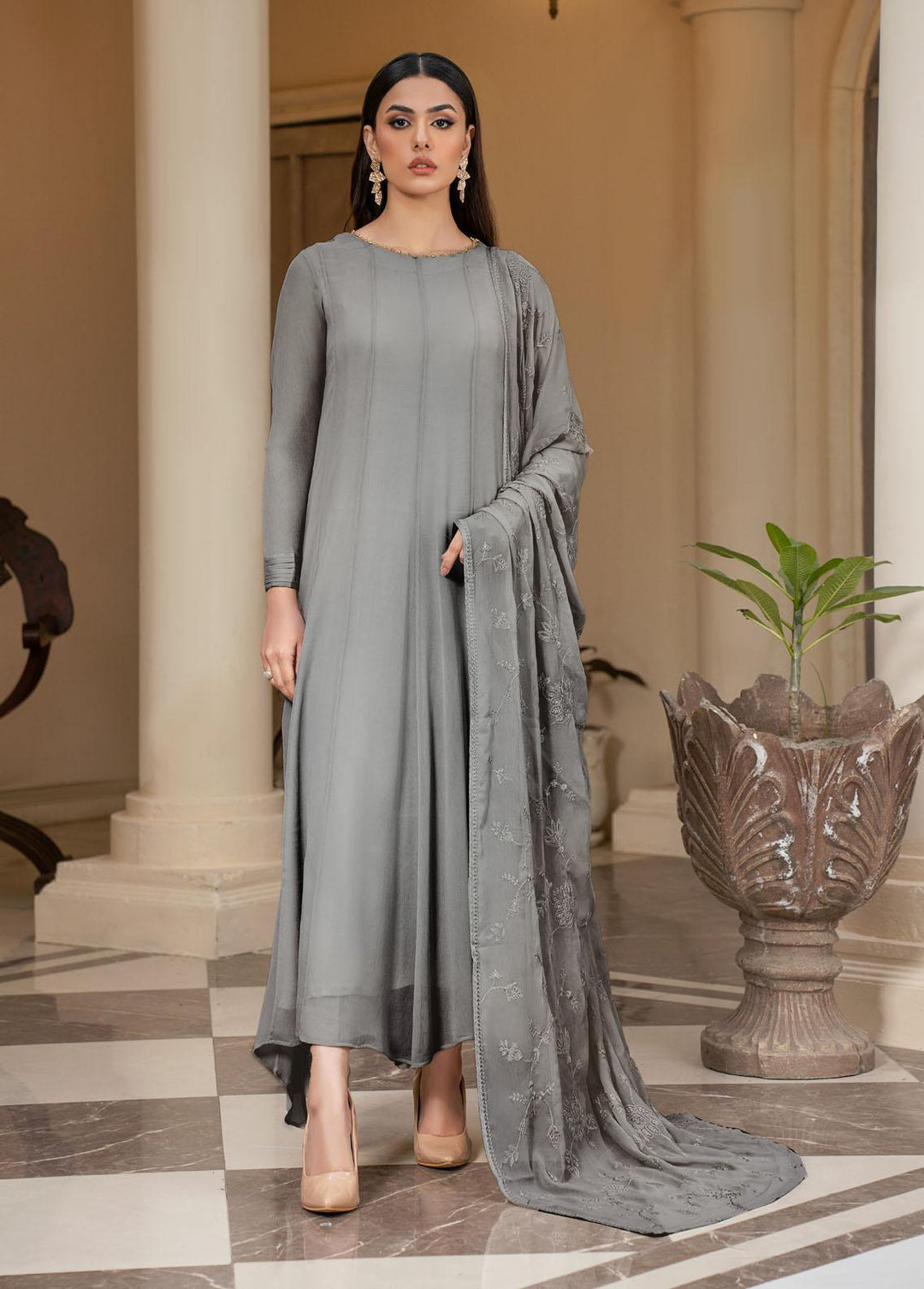 Zarif Pret Embroidered Chiffon 3 Piece Suit Charcoal