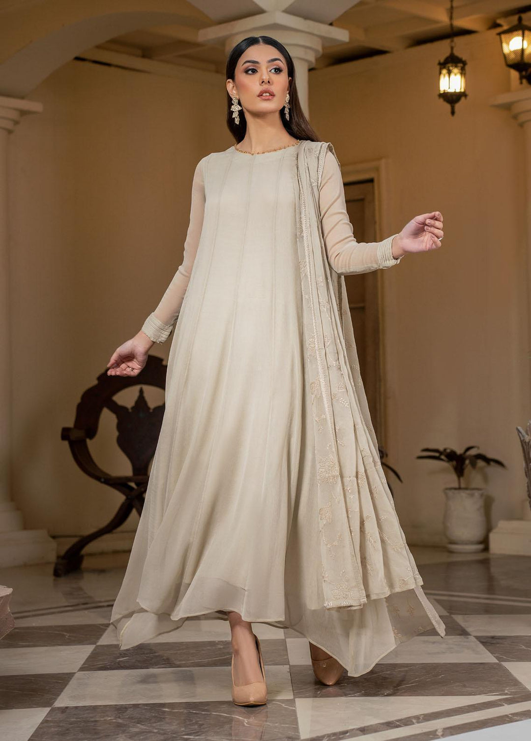 Zarif Pret Embroidered Chiffon 3 Piece Suit Fawn