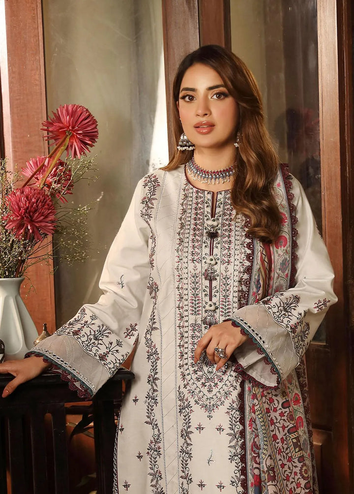 Zarq Barq By Asim Jofa Embroidered Cambric Unstitched Suit 3 Piece AJ23ZB AJZB-10 - Eid Collection