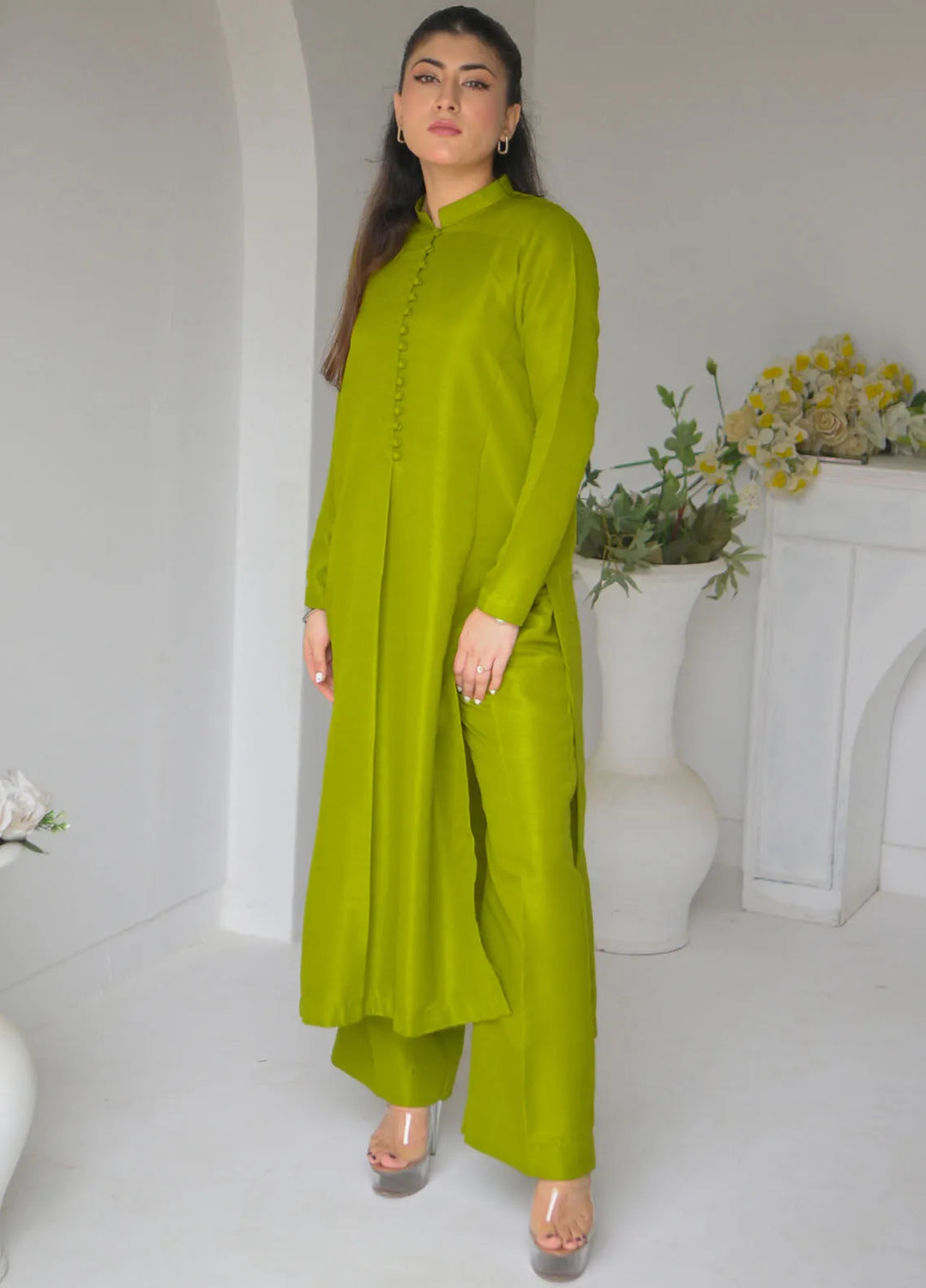 Zauk Women RTW Solids Indian Raw Silk 2 Piece Suit ZK26RC Pine P-C-3 - Casual Collection