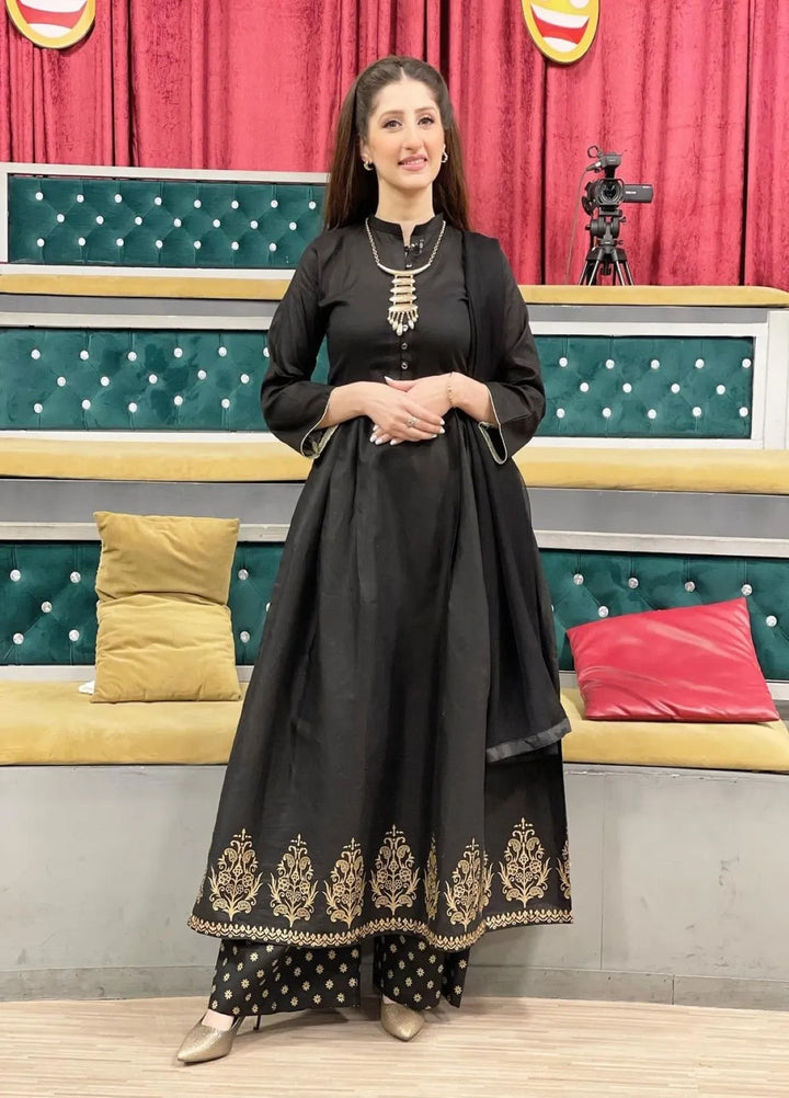 Zeek Store Pret Printed Linen 3 Piece Suit Black New Design Maxi