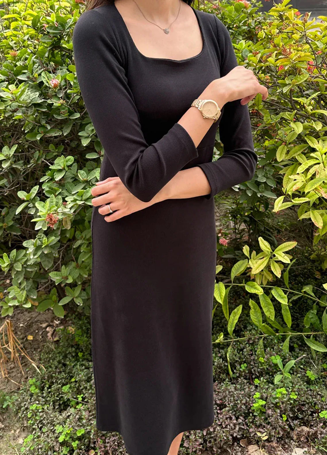 Zenyre Pret Western Ribbed 1 Piece Black Ribbed Long Dress