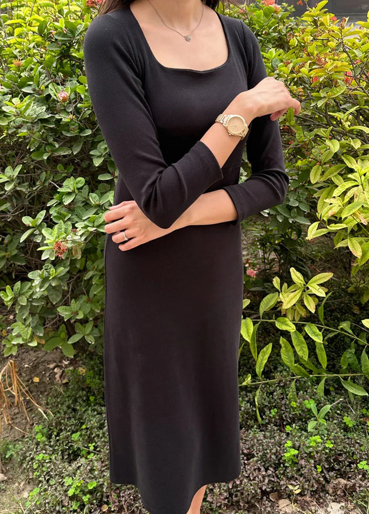 Zenyre Pret Western Ribbed 1 Piece Black Ribbed Long Dress