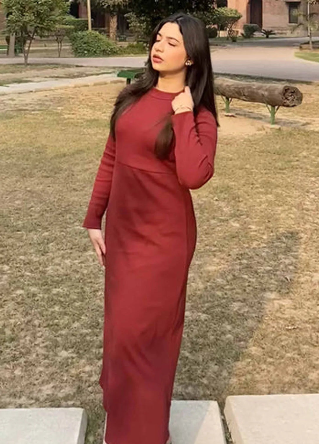 Zenyre Pret Western Ribbed 1 Piece Maroon Ribbed Long Dress