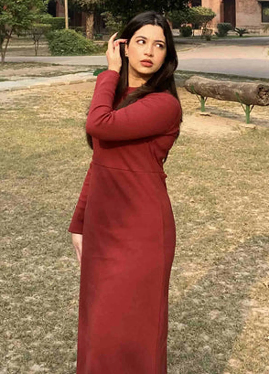 Zenyre Pret Western Ribbed 1 Piece Maroon Ribbed Long Dress