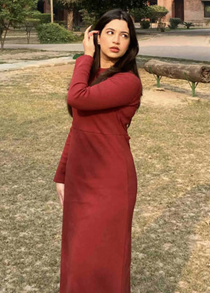 Zenyre Pret Western Ribbed 1 Piece Maroon Ribbed Long Dress