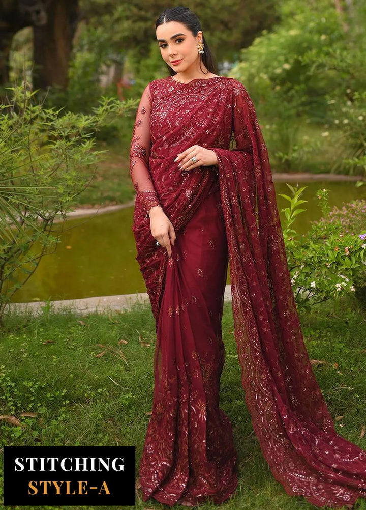 La Rosella By Zarif Embroidered Net Suits Unstitched 3 Piece ZF23LR ZLR 06 Carmine - Luxury Collection