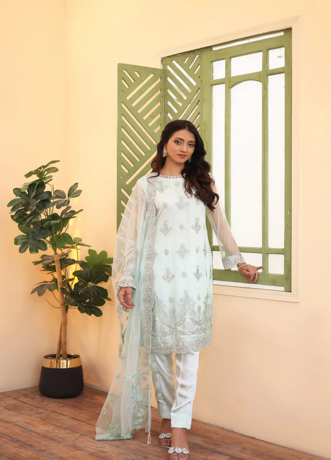 Zohan Ateeq Pret Embroidered Net 3 Piece Suit Haniya Ice Blue